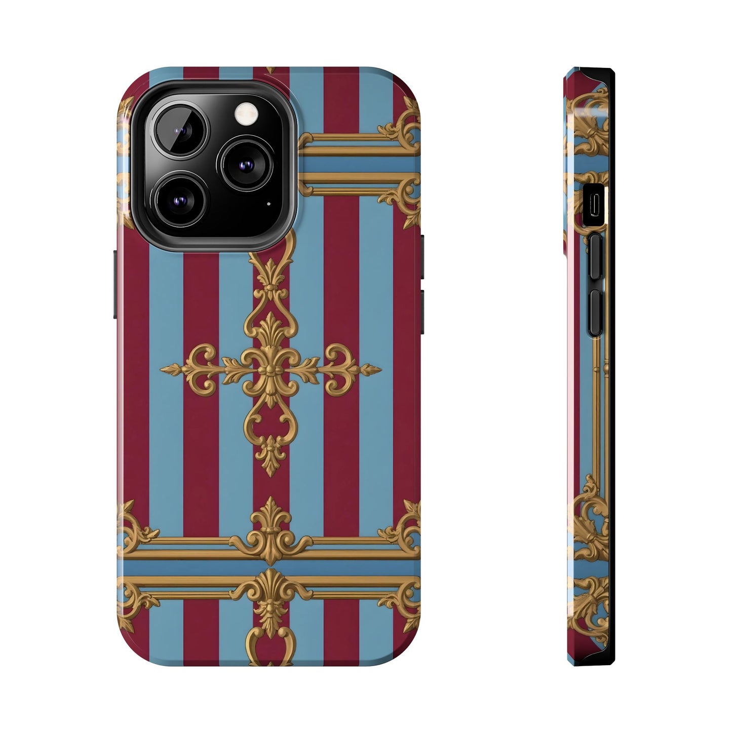 Elegant Patterned Tough Phone Cases, Stylish Phone Cover, Durable Phone Protection, Unique Gift Idea - Sky Blue & Maroon Striped Baroque