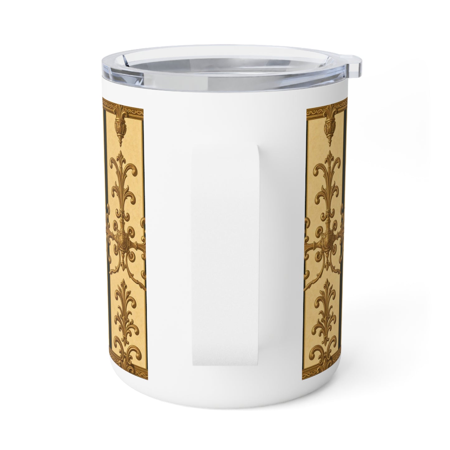 Elegant Insulated Coffee Mug, Vintage Design Travel Cup, Perfect Gift for Coffee Lovers, Stylish Kitchen Accessory - Matte Yellow Striped Antique Rococo