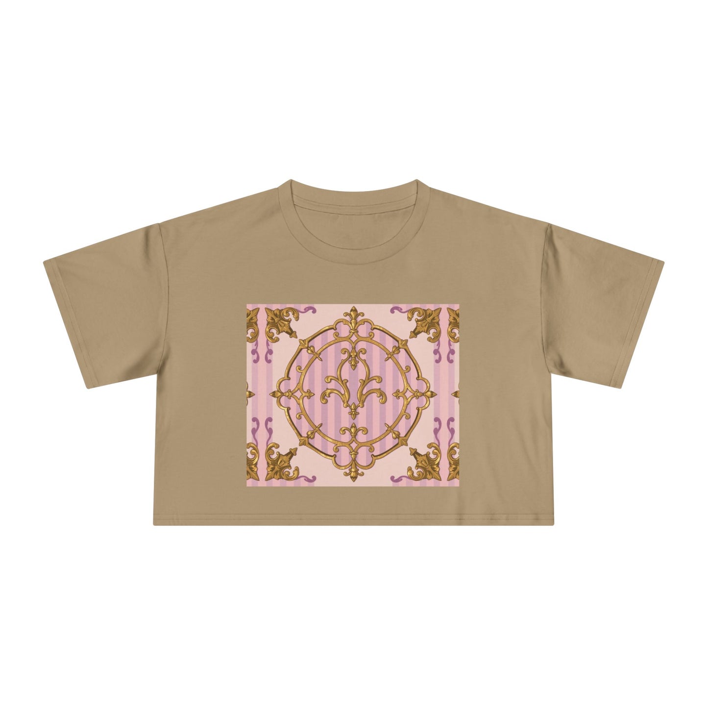 Chic Women's Crop Tee with Elegant Lavender & Alabaster Striped Gold Baroque Print - Perfect for Fashionistas, Festivals, Gifts, Summer Wear