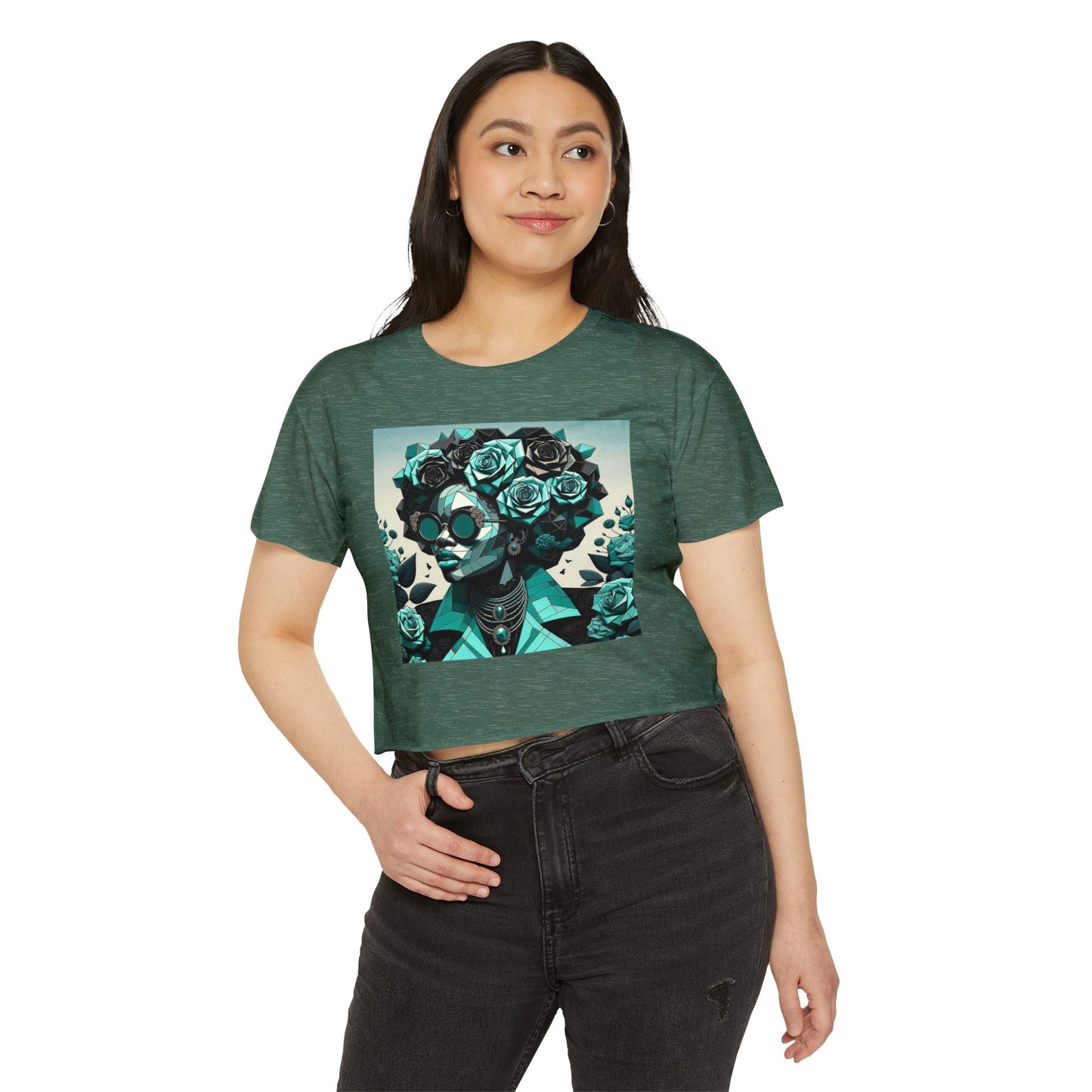 Women's Festival Crop Top with Artistic Floral Design, Boho Clothing, Trendy Summer Style, Perfect for Music Festivals - Turquoise & Black Roses Lady