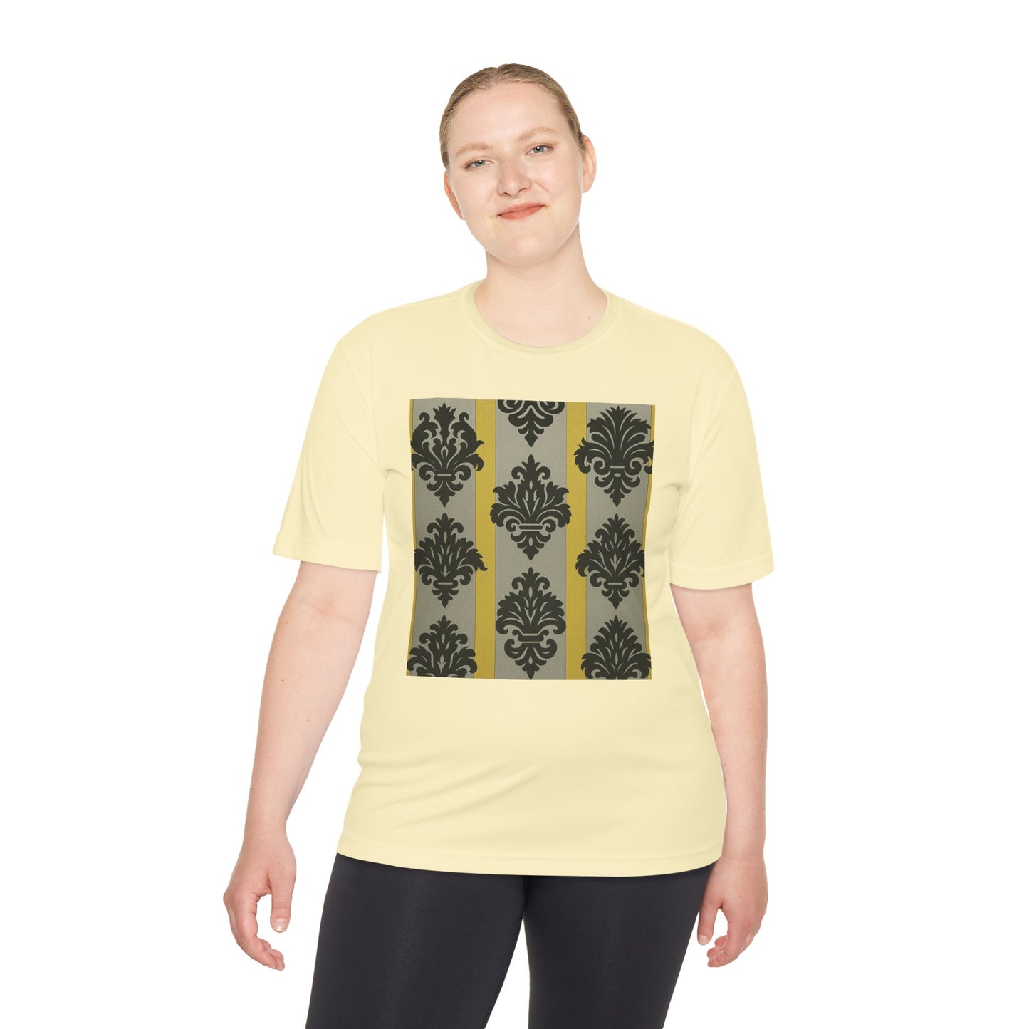 Elegant Patterned Unisex Moisture Wicking Tee, Activewear, Casual Tee, Gift for Him/Her, Stylish Sportswear - Silver & Gold Striped Black Baroque