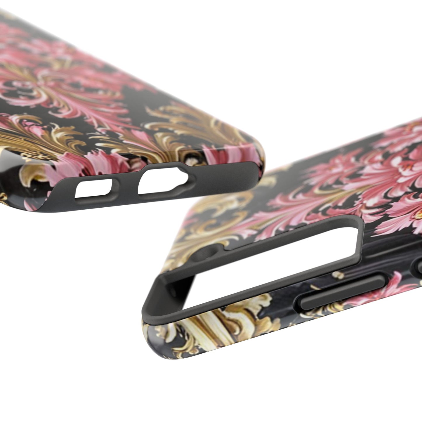 Elegant Floral Tough Phone Cases | Stylish Protection for Her | Gift for Birthdays - Black & Pink Oil Painting Style Rococo