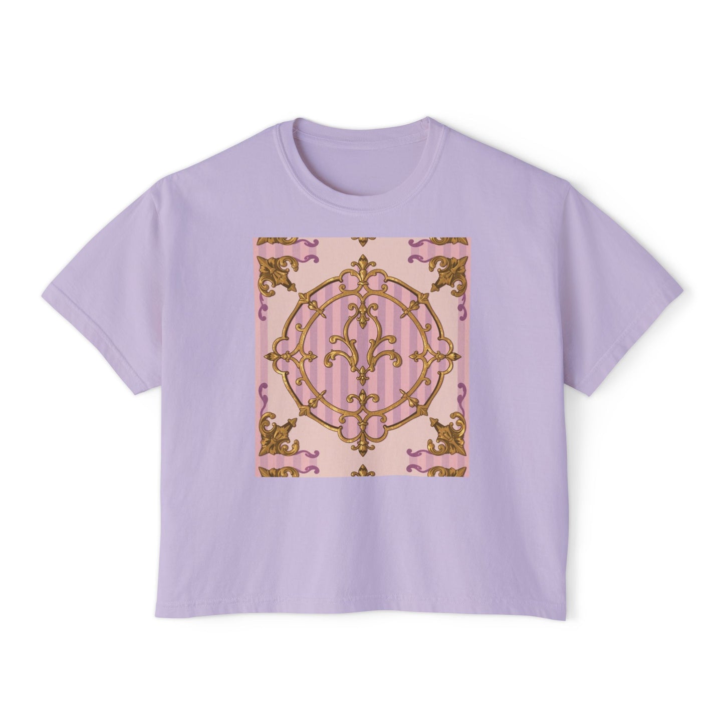 Chic Women's Boxy Tee with Elegant Lavender & Alabaster Striped Gold Baroque Design, Casual Top, Birthday Gift, Stylish Tee, Everyday Wear