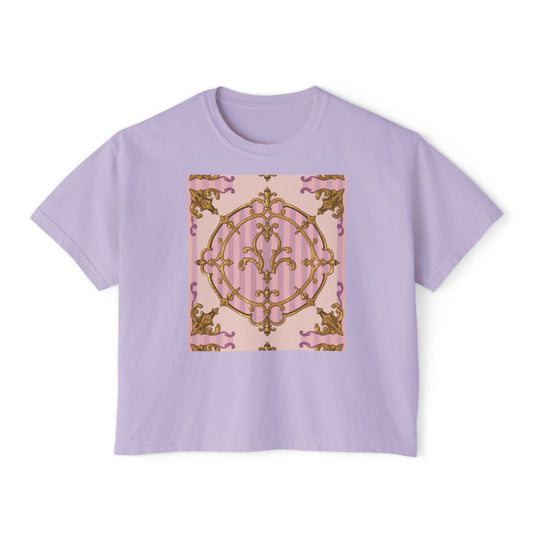 Chic Women's Boxy Tee with Elegant Lavender & Alabaster Striped Gold Baroque Design, Casual Top, Birthday Gift, Stylish Tee, Everyday Wear