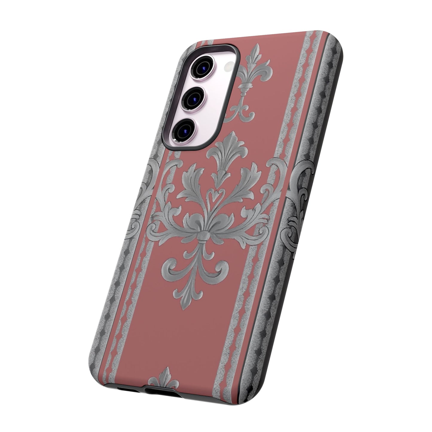Elegant Floral Phone Case - Tough Cases for Stylish Protection - Gray & Mauve Striped Baroque