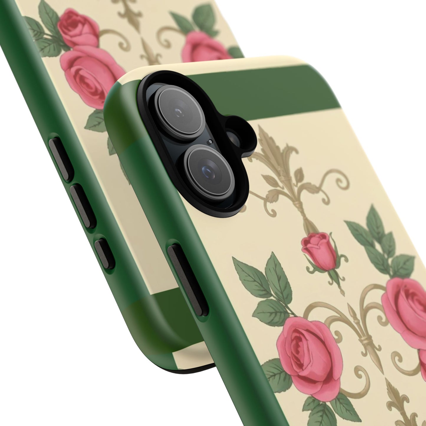 Elegant Floral Motif Phone Case - Tough Cases with Vintage Design - Green Border Roses & Damask