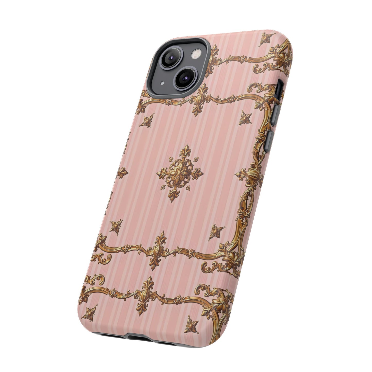 Elegant Floral Phone Case, Tough Cases for Women, Trendy Phone Cover, Chic Gift - Pink Striped Gold Baroque