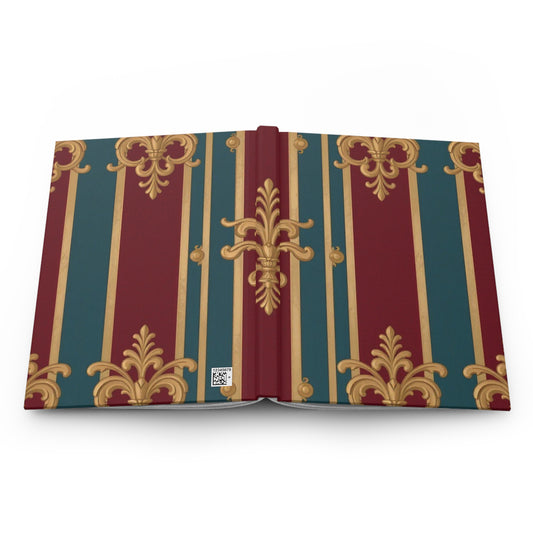 Elegant Vintage Hardcover Journal - Floral Design, Perfect for Writing, Gift for Writers, Stationery Lovers - Burgundy Striped Gold Baroque