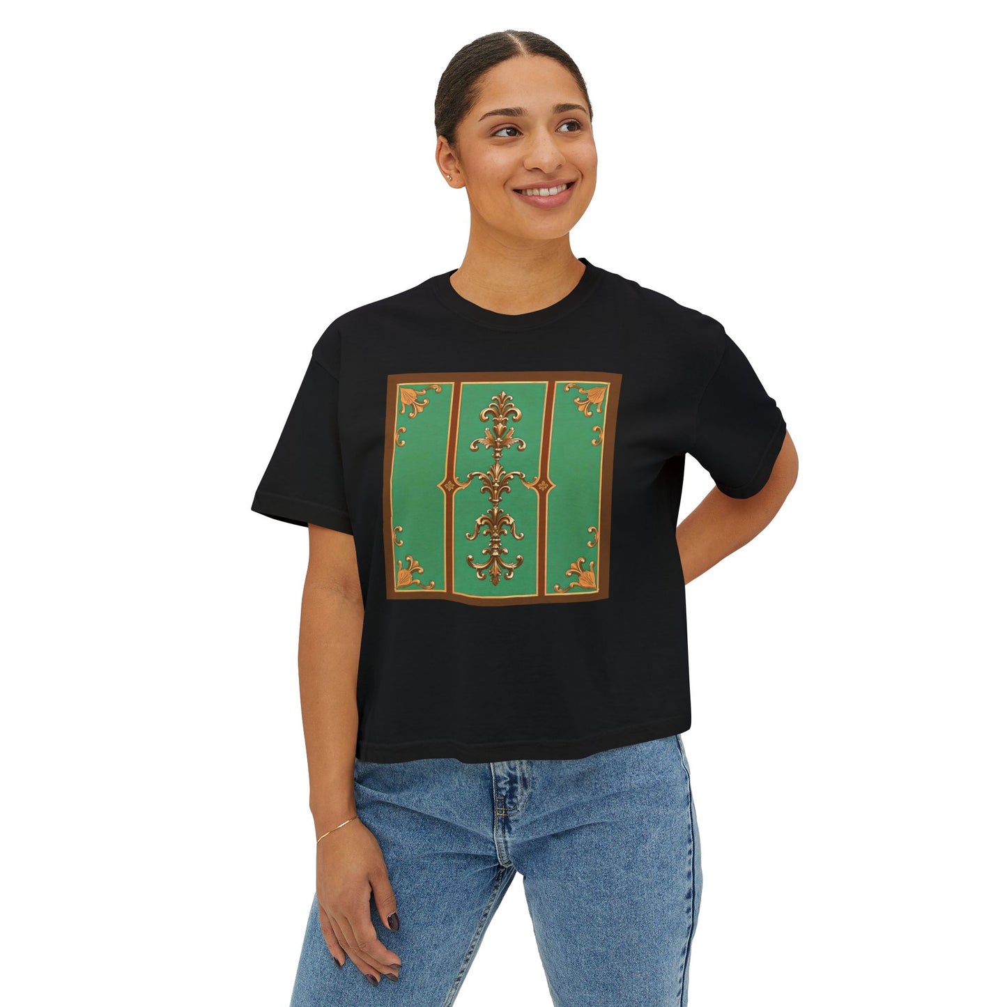 Elegant Vintage Floral Women's Boxy Tee - Trendy Casual Shirt for All Occasions - Rust & Green Striped Baroque