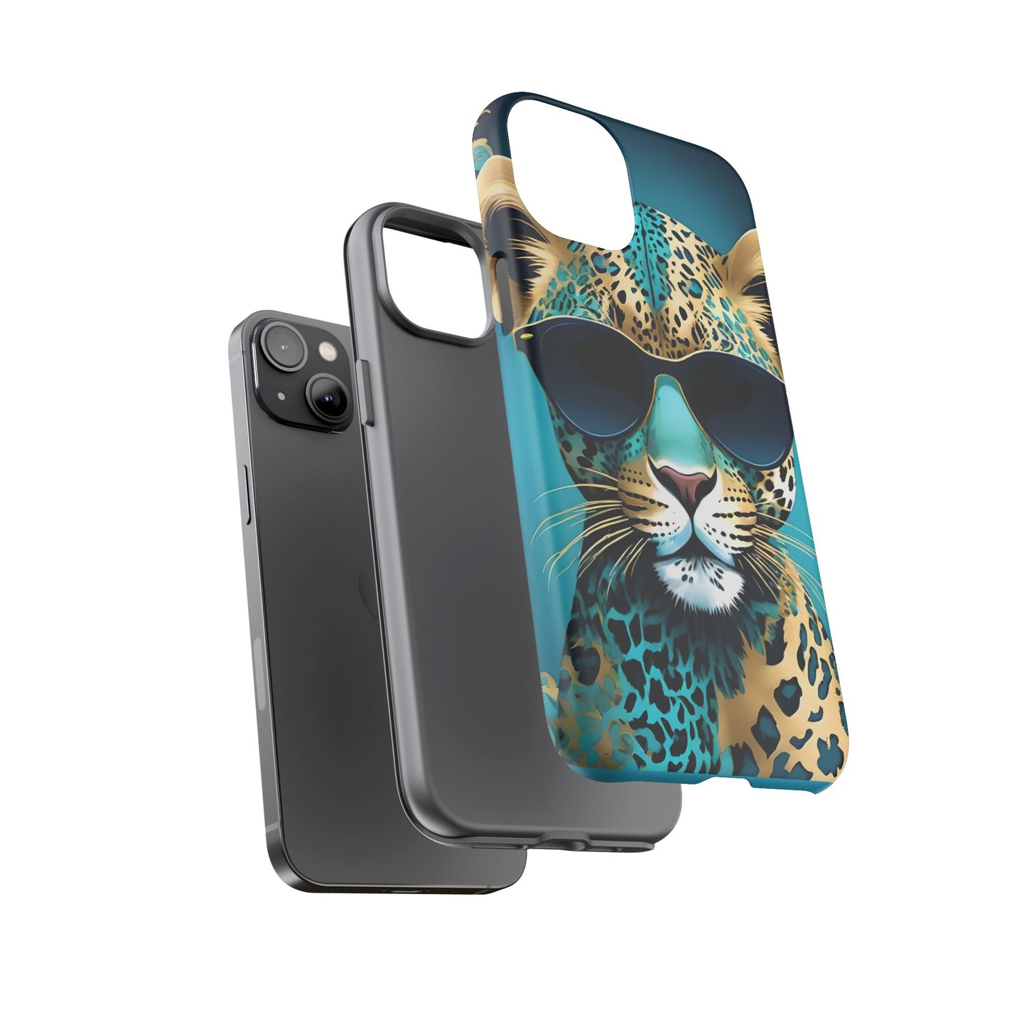 Phone Case - Aqua & Gold Leopard In Sunglasses Design