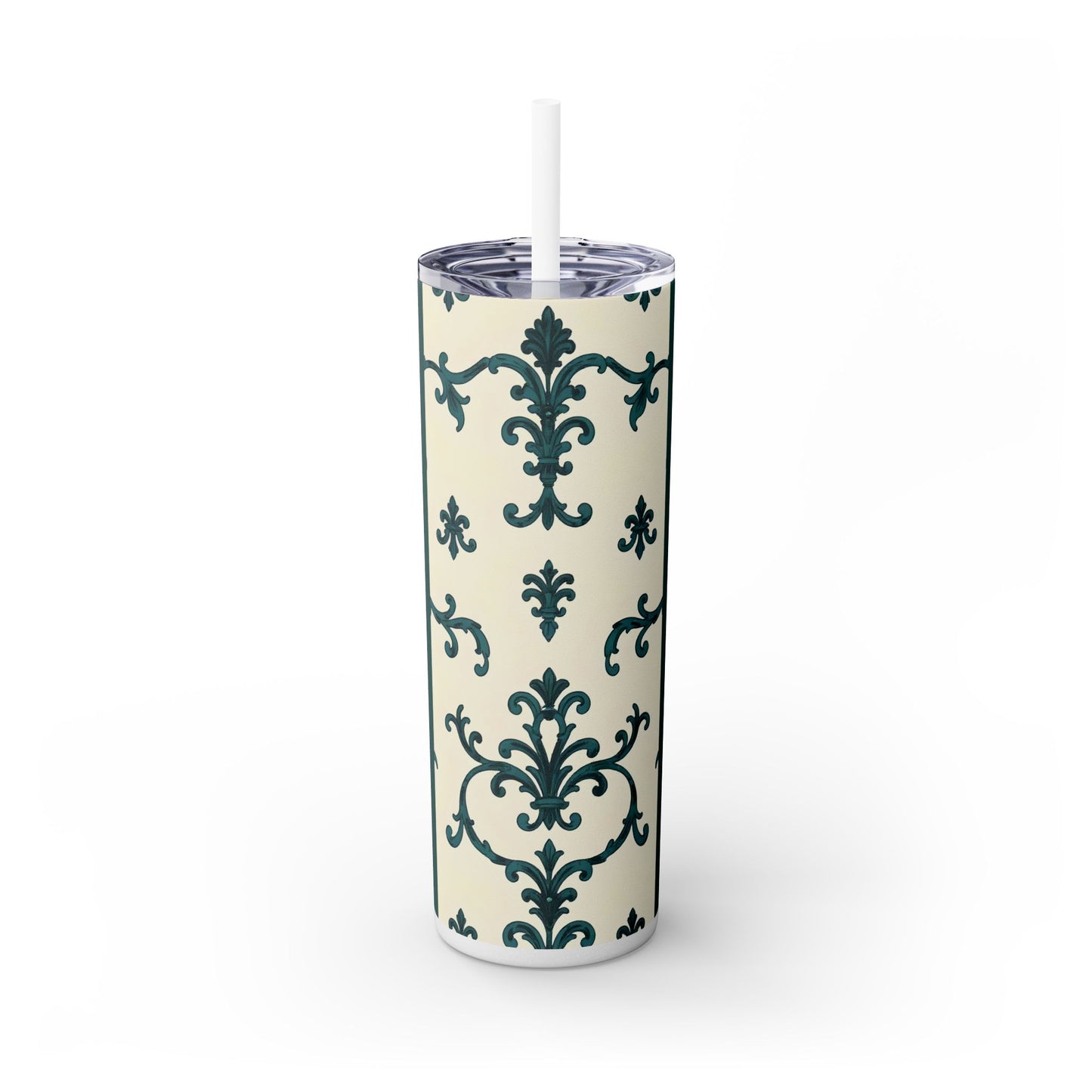 Elegant Floral Skinny Tumbler, 20oz - Stylish Travel Mug for Home, Coffee Lover Gift, Eco-Friendly Drinkware, Party Favor - Teal Striped Rococo