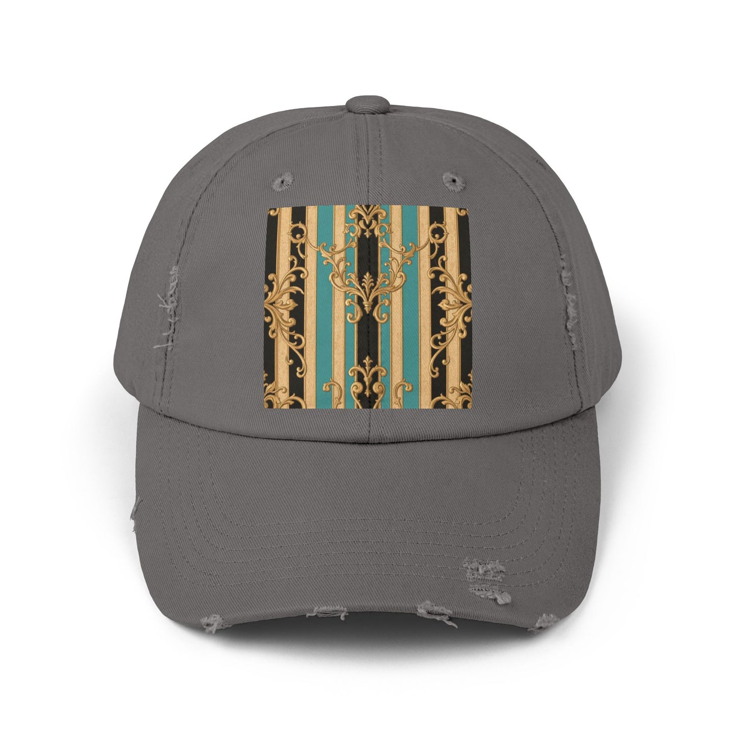 Distressed Black, Tan & Ocean Green Striped Gold Baroque Cap with Elegant Stripe Design | Vintage-Inspired Accessories, Unisex Casual Hat