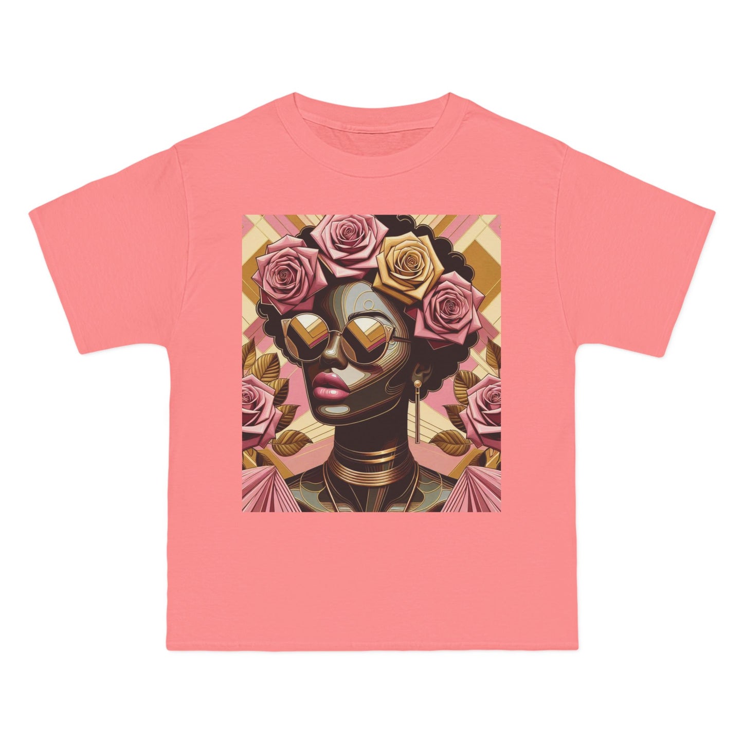 Artistic Floral Feminine T-Shirt, Stylish Tee with Mixed Media Design, Vibrant Short-Sleeve Top, Trendy Casual Wear - Pink Roses Lady