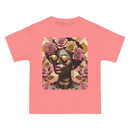 Artistic Floral Feminine T-Shirt, Stylish Tee with Mixed Media Design, Vibrant Short-Sleeve Top, Trendy Casual Wear - Pink Roses Lady