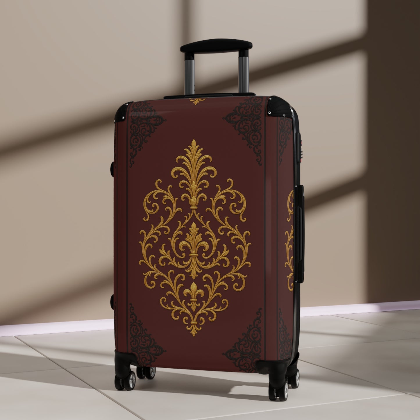 Dusk Burgundy-Black & Gold Baroque Vintage Carry-On Suitcase — Ornate Gold Baroque Travel Luggage