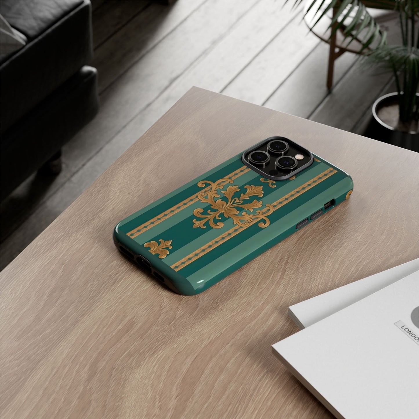 Elegant Floral Motif Phone Case - Tough Cases with Vintage Design - Teal Striped Gold Damask