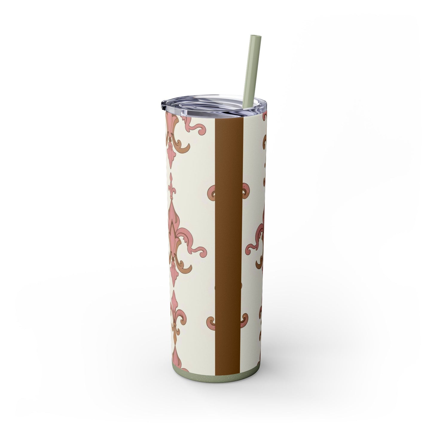 Elegant Floral Skinny Tumbler, 20oz Drinkware, Stylish Travel Mug, Wedding Gift, Personalized Gift, Eco-Friendly Cup - Brown Striped Pink Arabesque