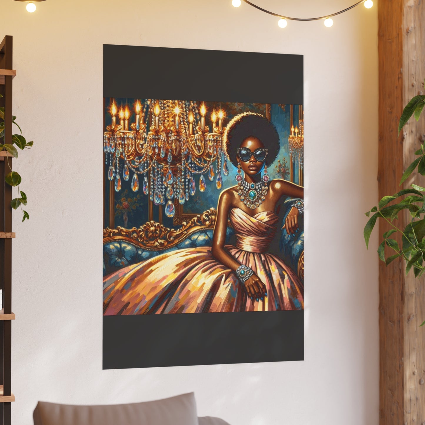 Elegant Glamour Satin Poster, Wall Art Decor, Modern Home Gallery, Gift for Art Lovers, Chic Interior Decoration - Elegant Lady & Chandelier