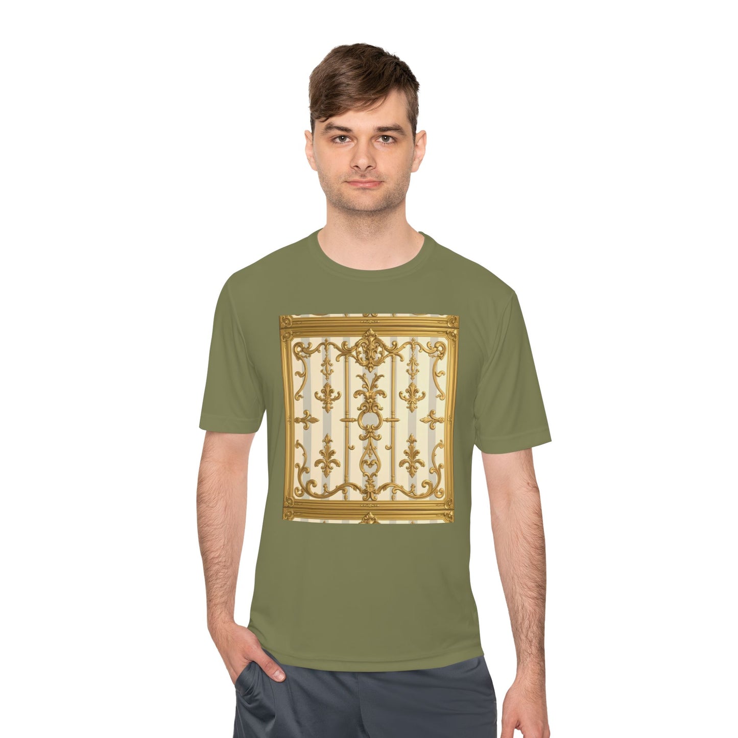 Elegant Gold Unisex Moisture Wicking Tee, Fashion Tee, Workout Shirt, Summer Style - Matte Gray & Cream Striped Gold Baroque