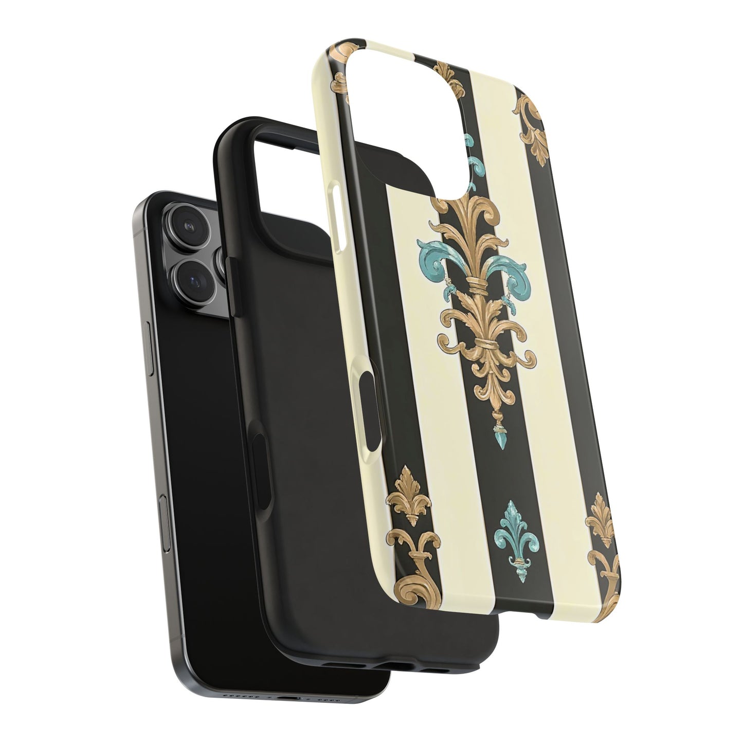 Elegant Vintage Tough Phone Cases, Stylish Phone Accessories, Quality Protection, Gifts for Her - Black Striped Turquoise & Black Rococo