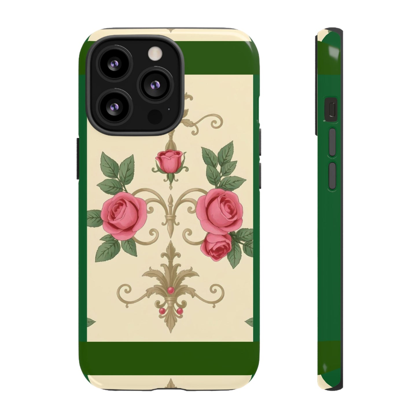 Elegant Floral Motif Phone Case - Tough Cases with Vintage Design - Green Border Roses & Damask