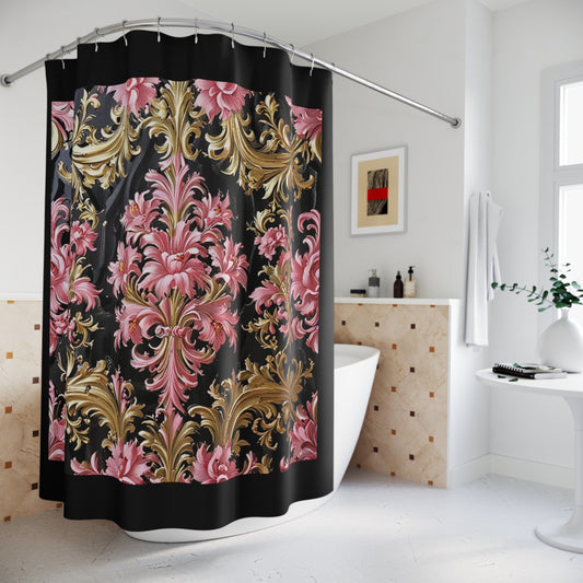 Elegant Floral Shower Curtain, Glamorous Bath Decor, Vintage Style, Home Improvement, Bathroom Accessories - Black & Pink Oil Painting Style Rococo