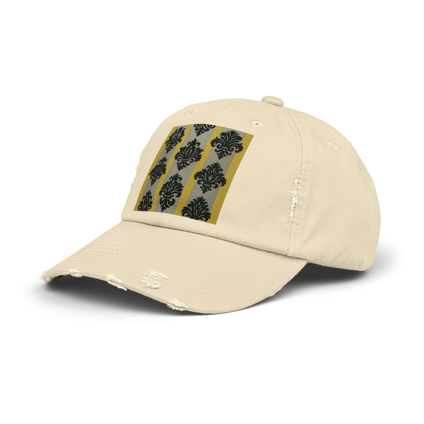 Stylish Distressed Cap, Trendy Black Hat for Fashion Lovers, Unisex Casual Accessory, Perfect Gift for Birthdays - Silver & Gold Striped Black Baroque