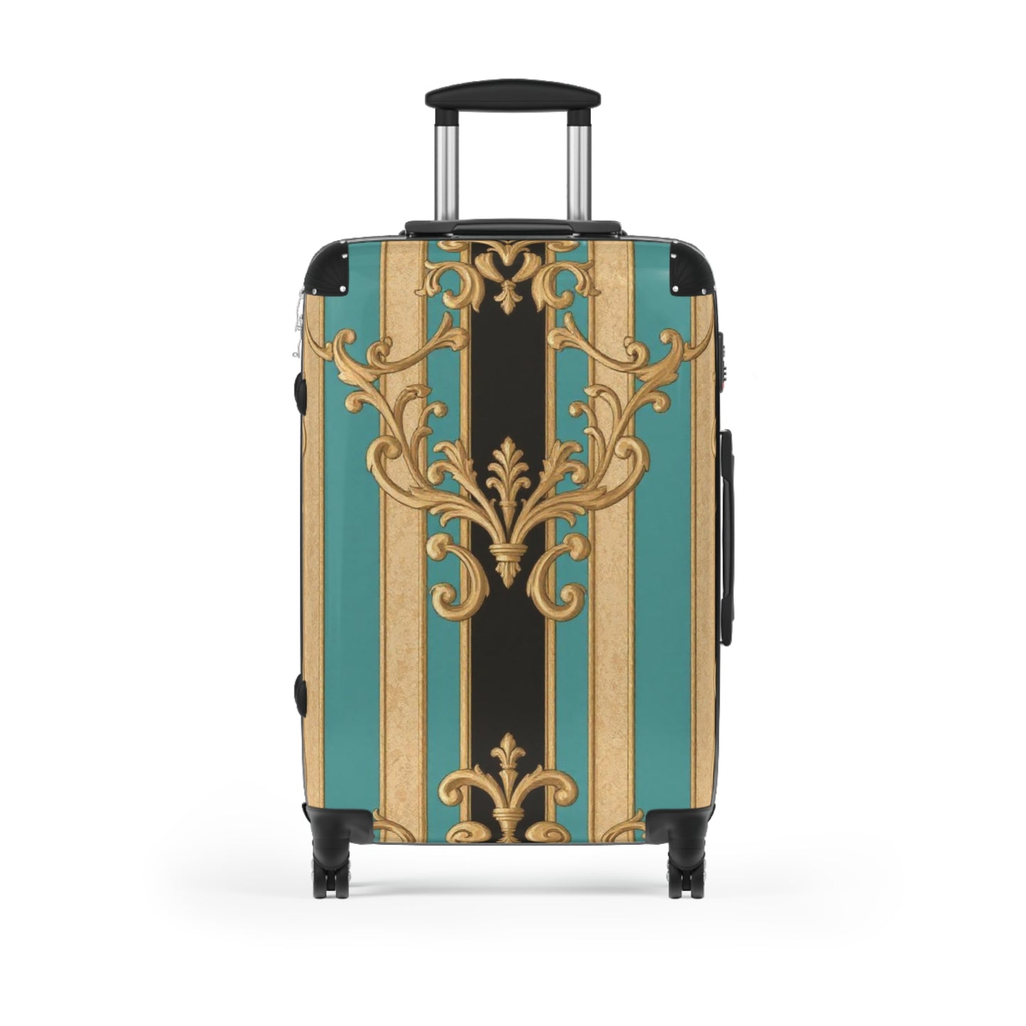 Stylish Black, Tan & Ocean Green Striped Gold Baroque Travel Suitcase, Luggage for Adventurers, Unique Gift for Travelers, Vintage Design