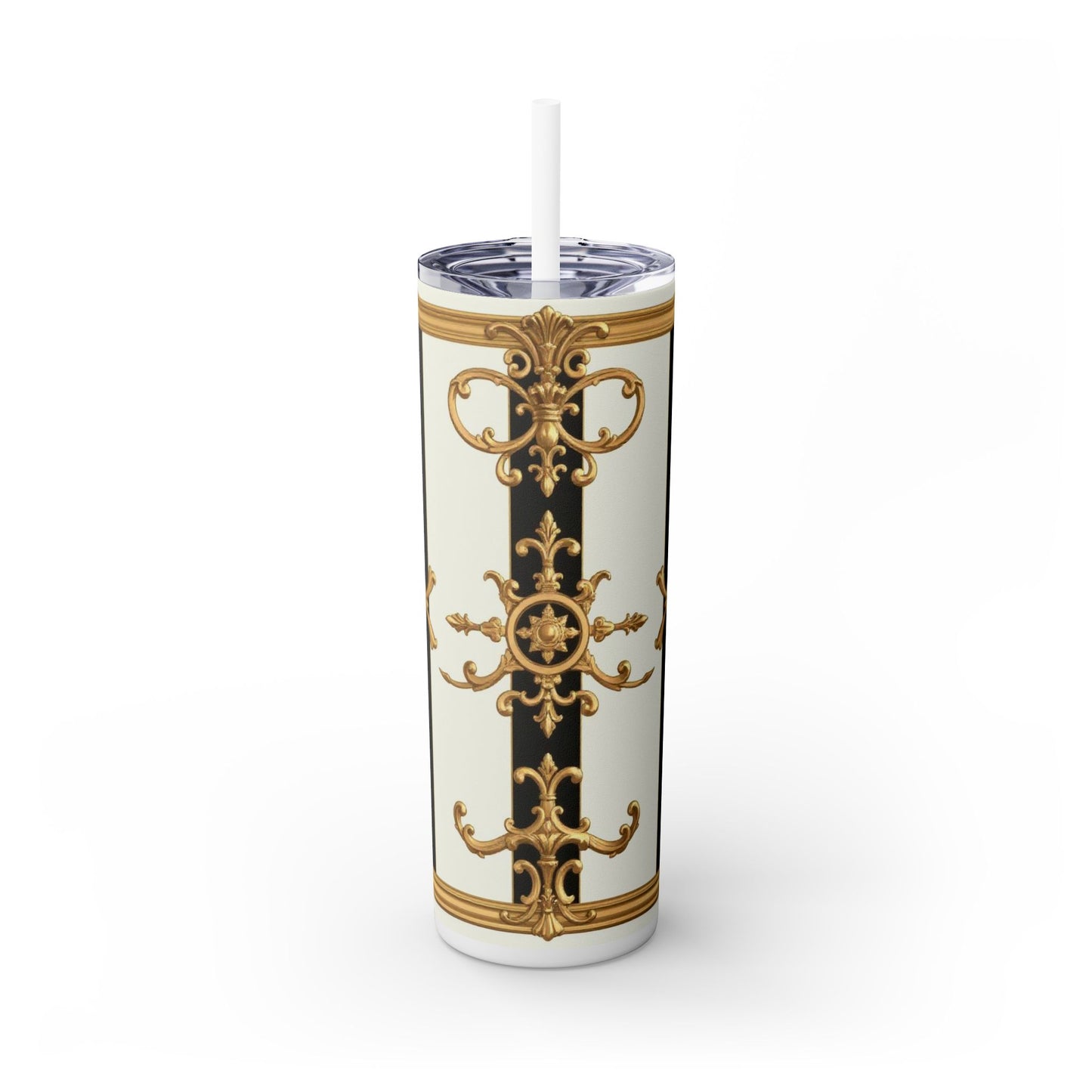 Elegant Gold Accents Skinny Tumbler, 20oz - Stylish Drinkware for Weddings, Parties, Gifts, or Everyday Use - Black & White Striped Gold Baroque