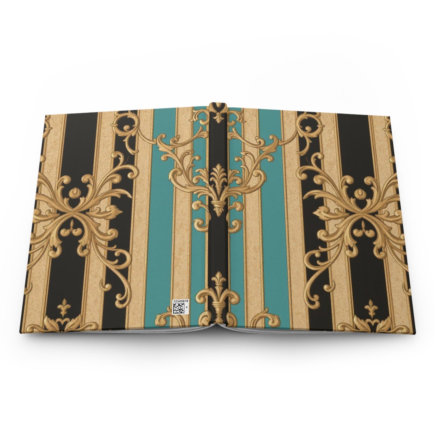 Elegant Black, Tan & Ocean Green Striped Gold Baroque Hardcover Journal with Ornate Design, Stylish Notebook, Writing Journal, Stationery Gift