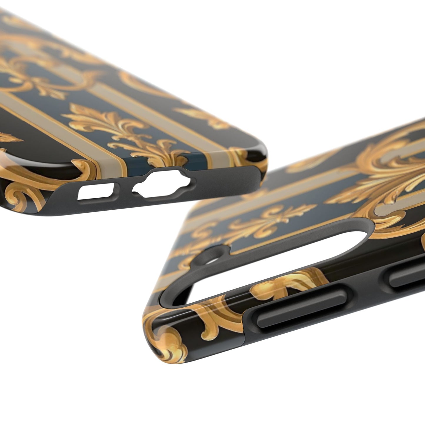 Elegant Rococo Phone Cases, Tough iPhone Case, Floral Design Case, Luxury Phone Cover - Blue & Black Striped Rococo