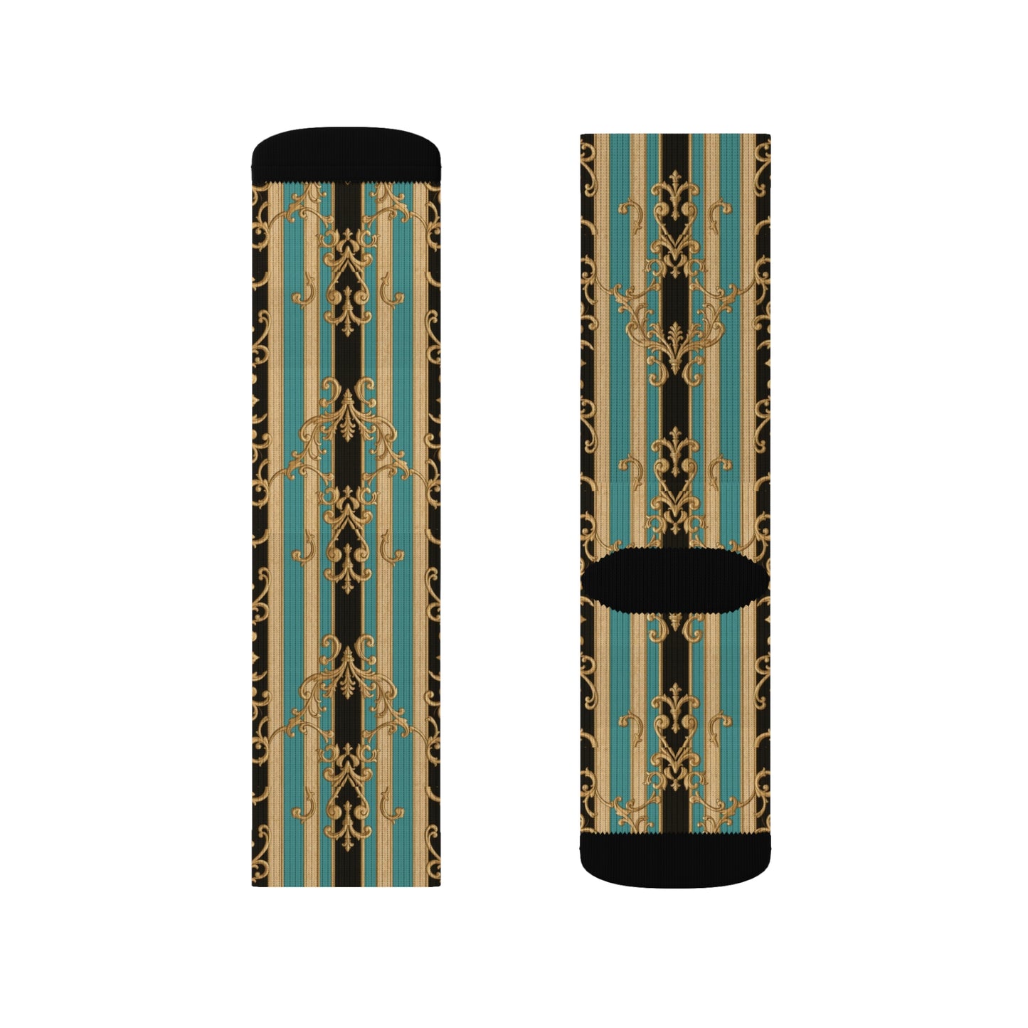 Stylish Black, Tan & Ocean Green Striped Gold Baroque Sublimation Socks, Unique Fashion Footwear, Trendy Gift for Fashion Lovers