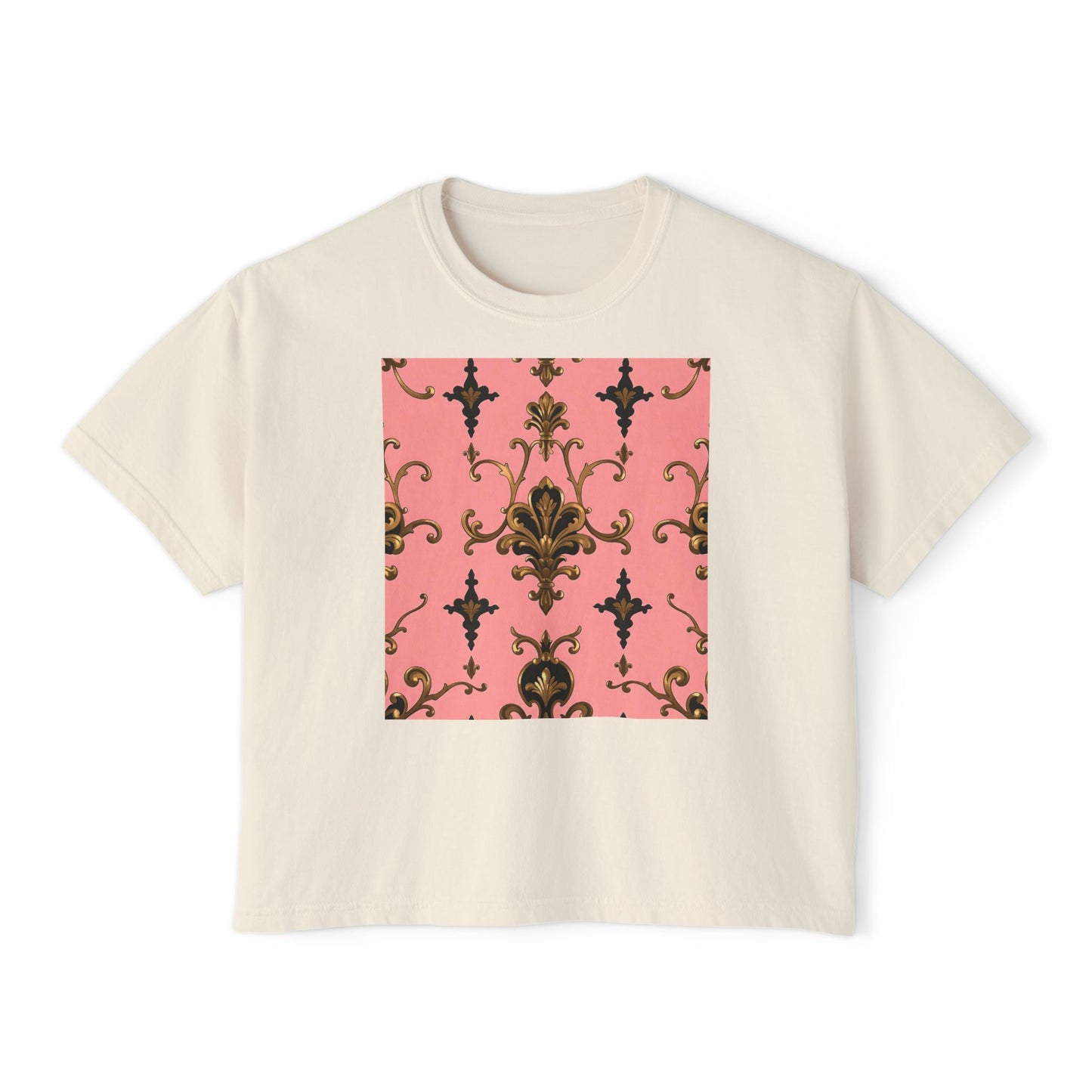 Vintage Floral Women's Boxy Tee, Casual Summer Top, Retro Fashion, Gifts for Her - Pink, Black & Gold Rococo