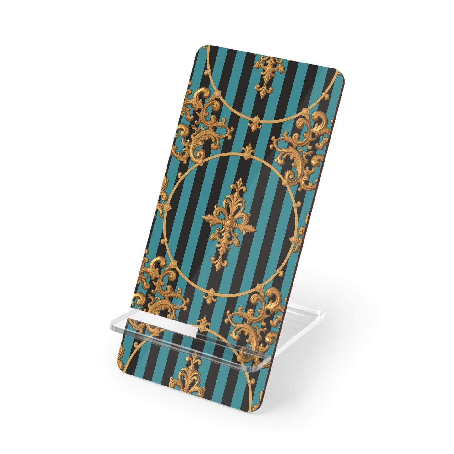 Elegant Turquoise & Black Striped Gold Baroque Decorative Mobile Display Stand, Smartphone Holder, Gift for Tech Lovers