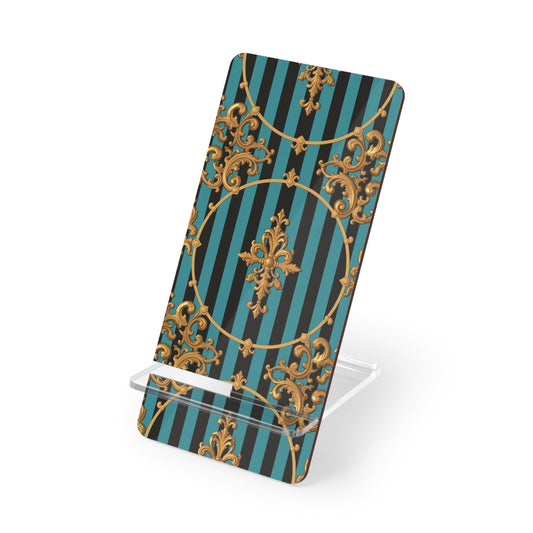 Elegant Turquoise & Black Striped Gold Baroque Decorative Mobile Display Stand, Smartphone Holder, Gift for Tech Lovers
