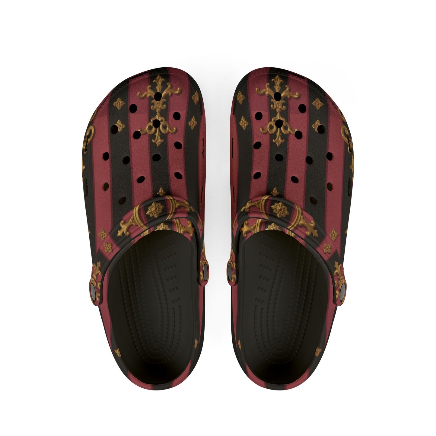 Chic Black & Mauve Striped Gold Baroque EVA Foam Rubber Clogs for Stylish Comfort, Trendy House Shoes, Unique Gift Idea