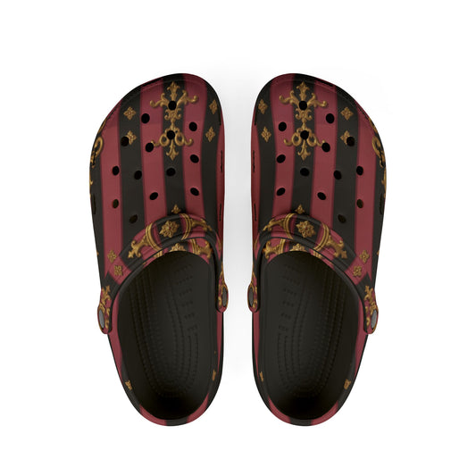 Chic Black & Mauve Striped Gold Baroque EVA Foam Rubber Clogs for Stylish Comfort, Trendy House Shoes, Unique Gift Idea