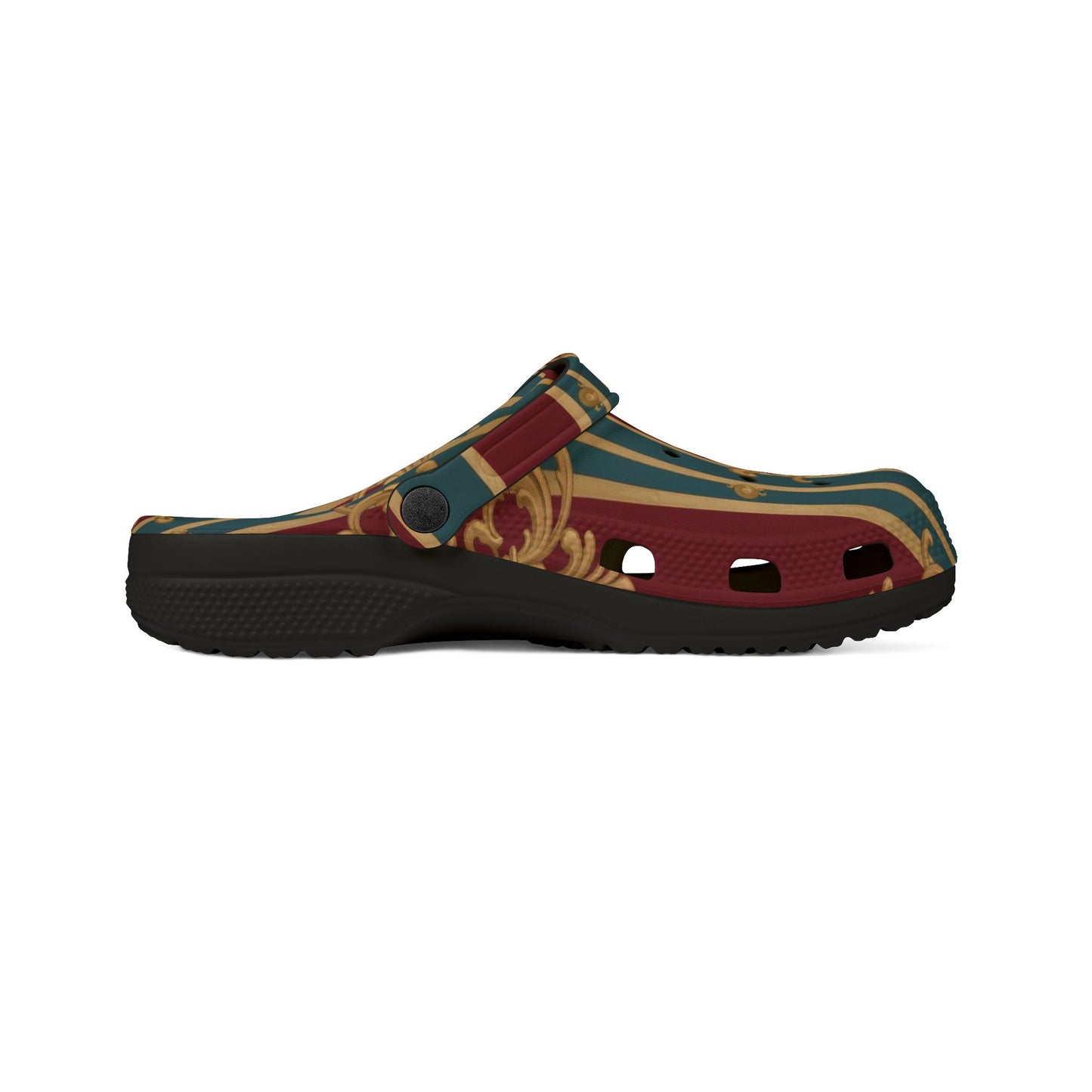 Stylish EVA Foam Slippers, Comfortable Home Footwear, Boho Slide-On Clogs for Relaxation, Gift for Her - Burgundy Striped Gold Baroque