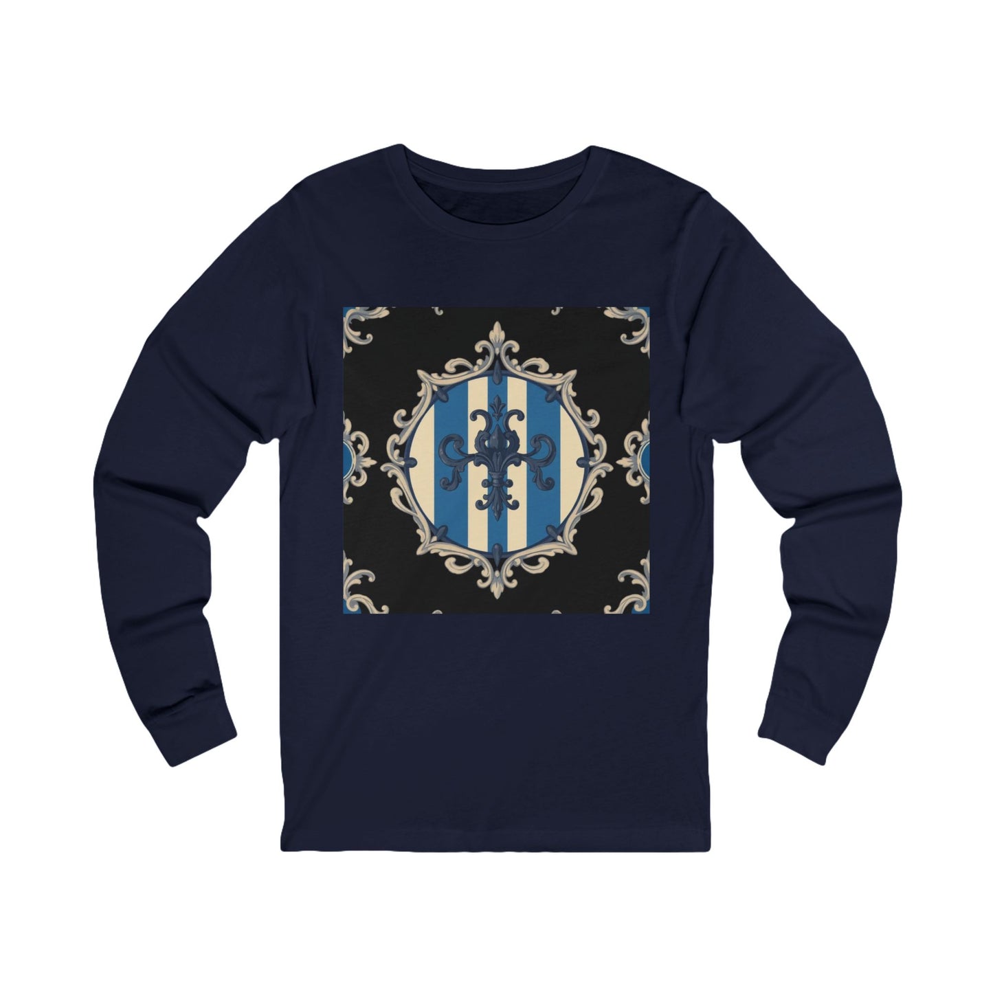 Elegant Blue & Alabaster Striped Baroque Long Sleeve Tee | Unisex Stylish Top for Casual Wear, Gift for Her, Him, Birthday, Fashion Statement