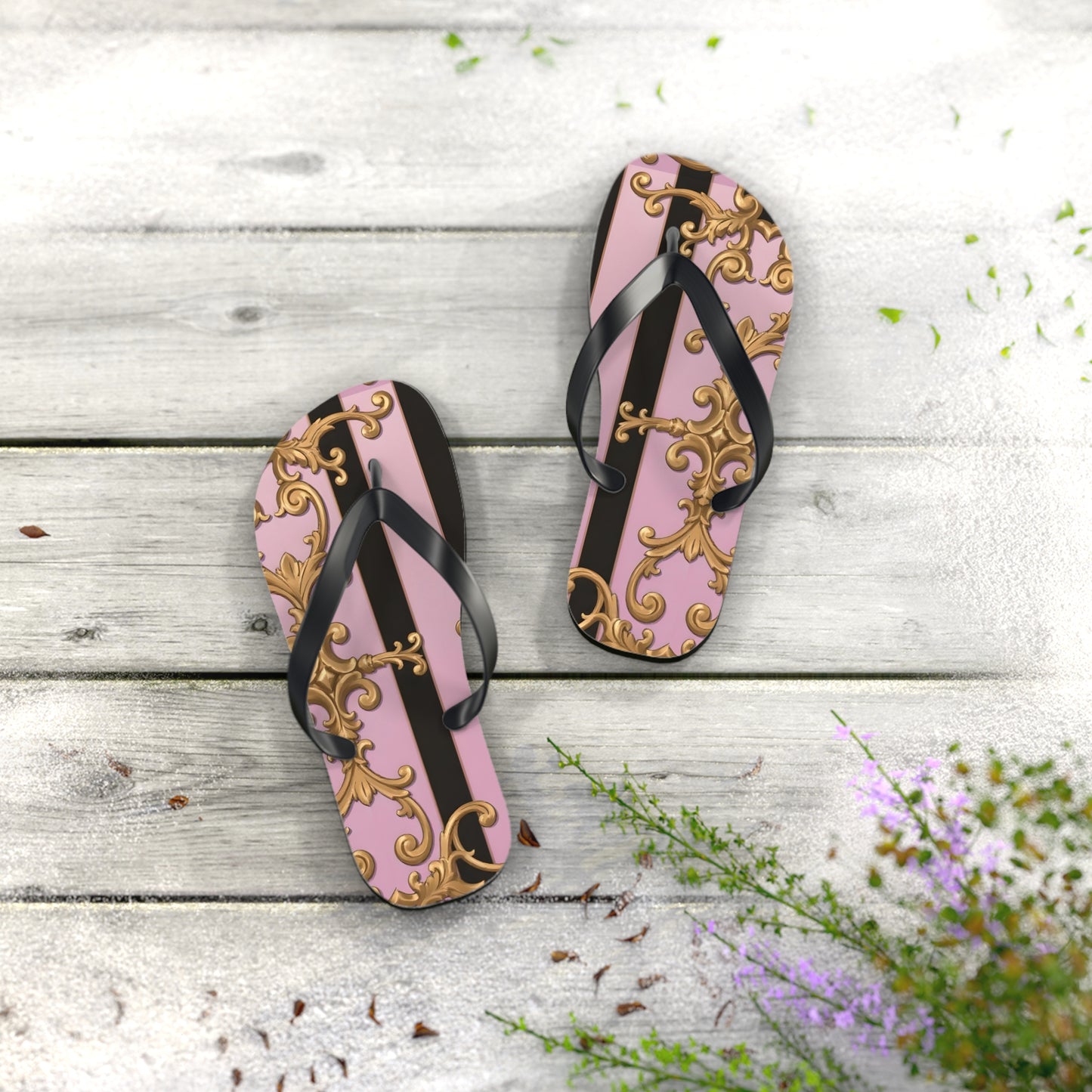 Chic Floral Flip Flops, Summer Sandals, Beach Footwear, Vacation Style, Poolside Essentials - Matte Lavender & Black Striped Gold Baroque