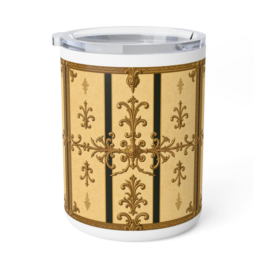 Elegant Insulated Coffee Mug, Vintage Design Travel Cup, Perfect Gift for Coffee Lovers, Stylish Kitchen Accessory - Matte Yellow Striped Antique Rococo