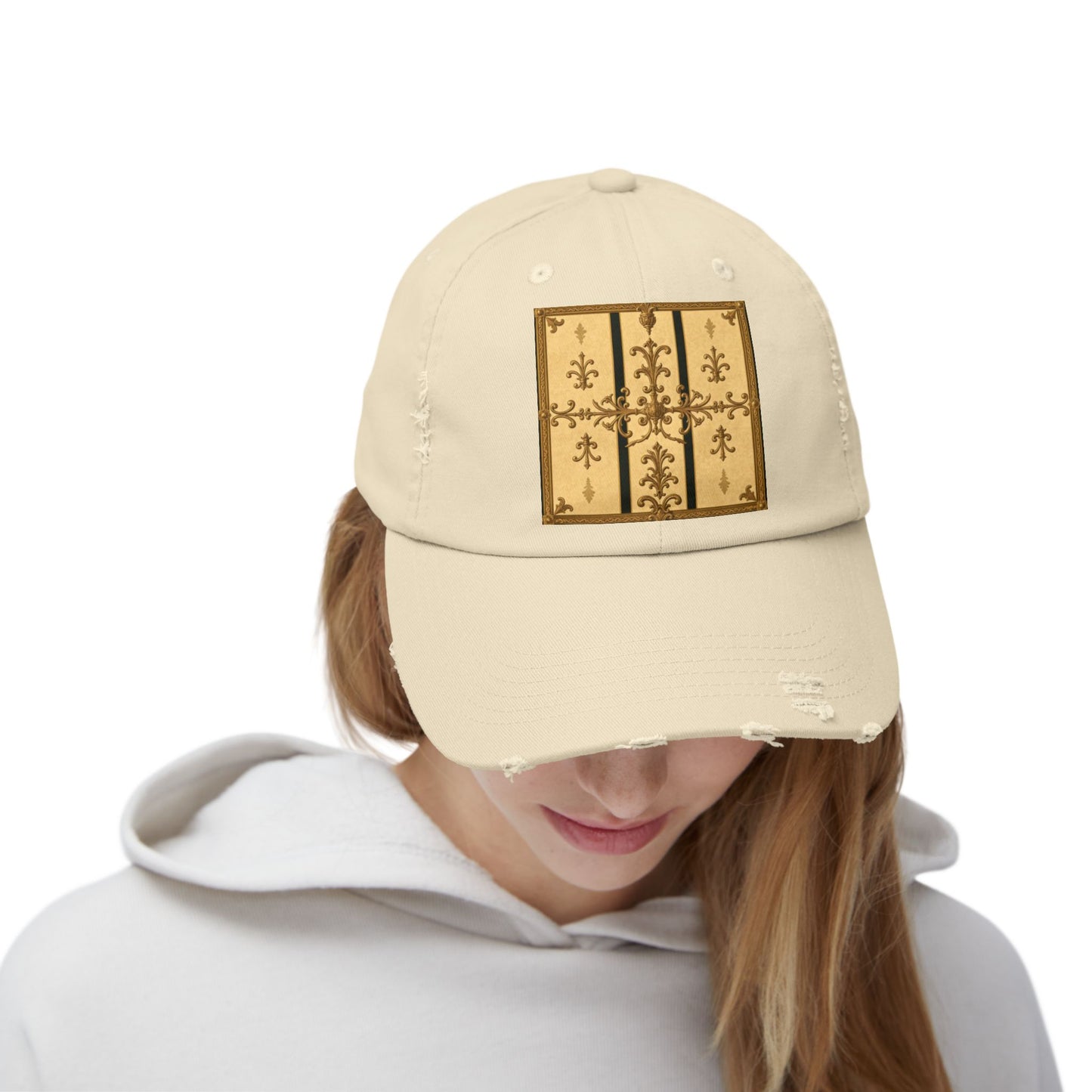 Vintage-Inspired Unisex Distressed Cap with Rustic Floral Design | Perfect for Casual Outings, Gift Ideas - Matte Yellow Striped Antique Rococo