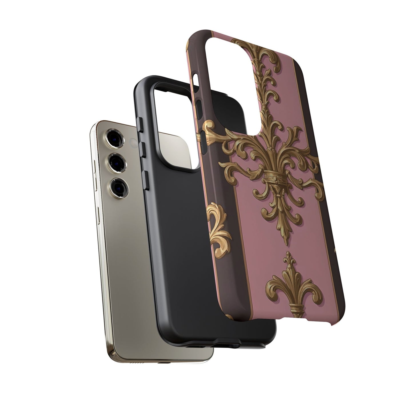 Elegant Floral Motif Phone Case - Tough Cases with Vintage Design - Pink & Brown Striped Gold Damask