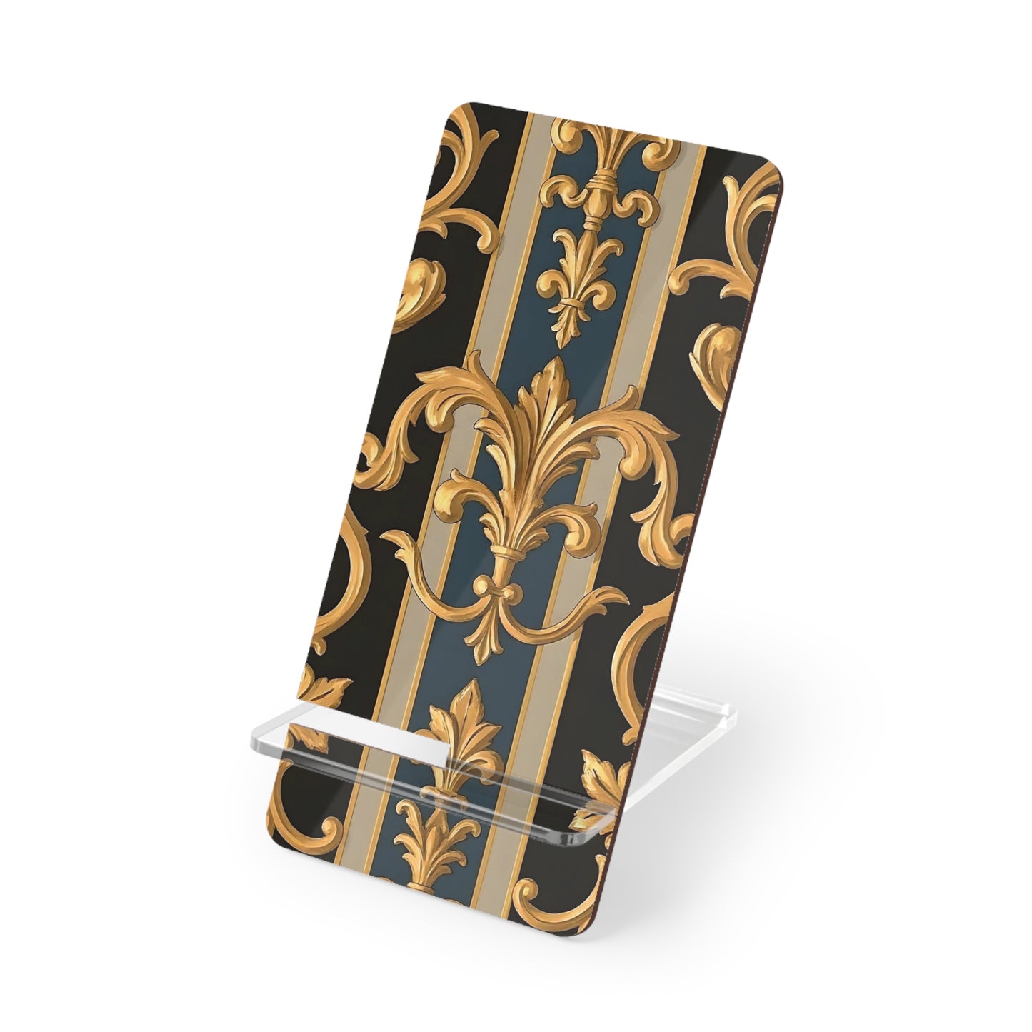 Elegant Smartphone Stand, Decorative Phone Holder, Luxurious Mobile Display, Stylish Desk Accessory - Blue & Black Striped Rococo