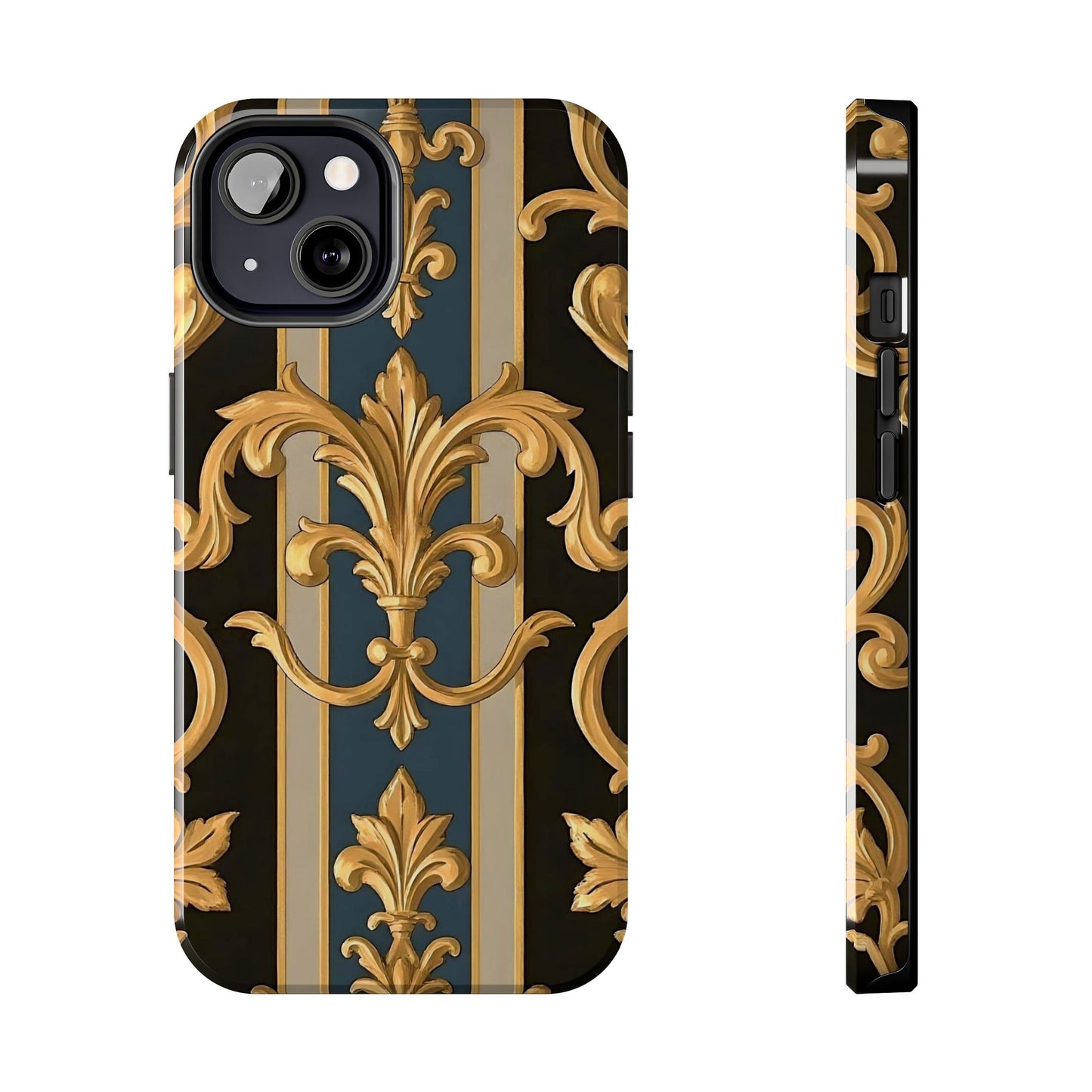 Elegant Rococo Phone Cases, Tough iPhone Case, Floral Design Case, Luxury Phone Cover - Blue & Black Striped Rococo