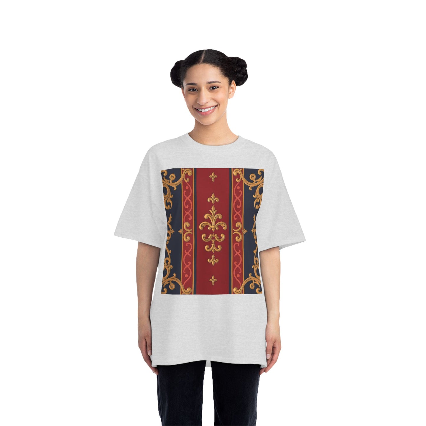 Elegant Patterned Short-Sleeve T-Shirt, Stylish Tee, Vintage Design Top, Casual Wear, Fashionable Gift - Midnight Blue & Dusk Red Gold Baroque