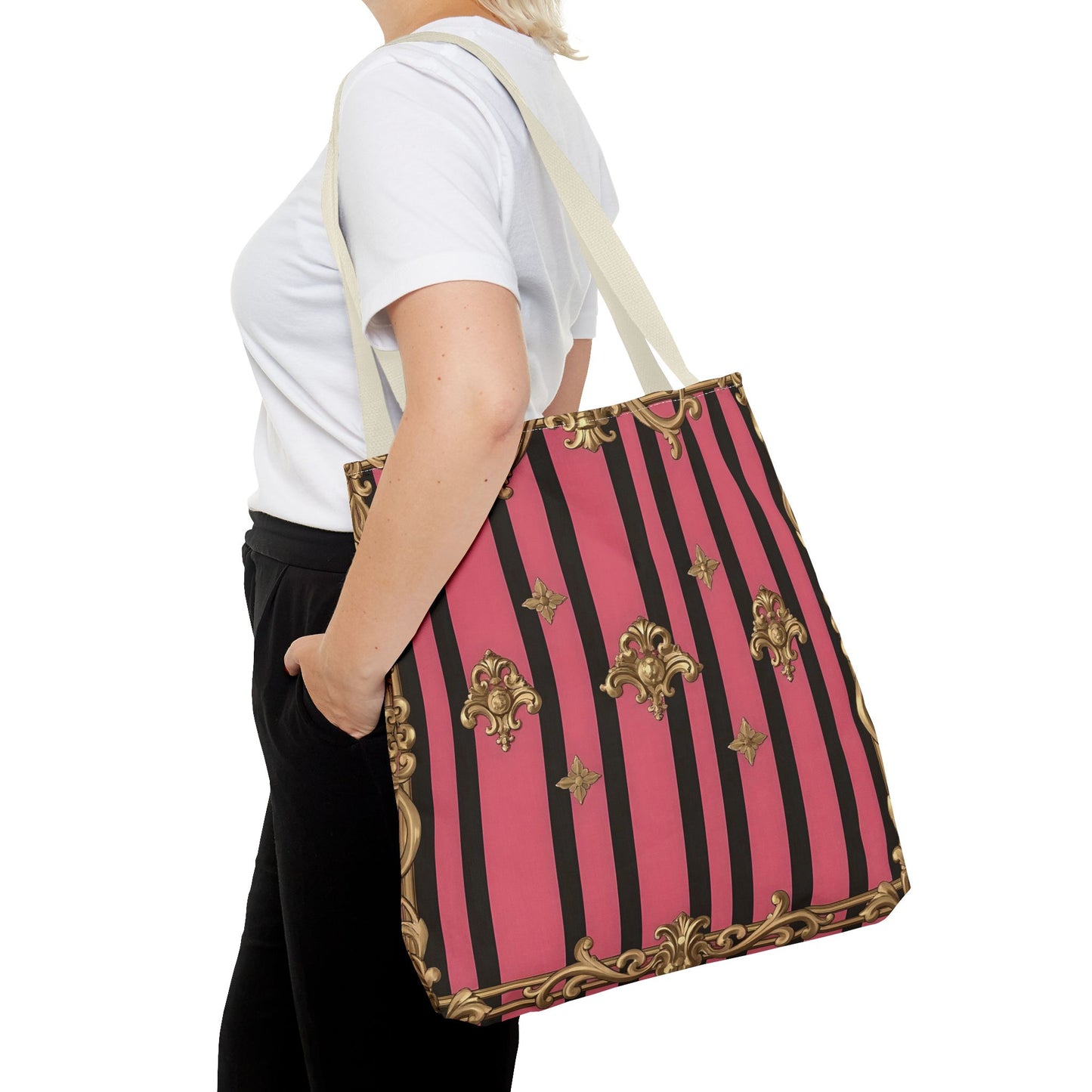 Chic Floral Tote Bag - Elegant Reusable Shopping Bag, Fashion Accessory, Gift for Her, Everyday Use, Eco-Friendly - Pink Striped Gold Rococo
