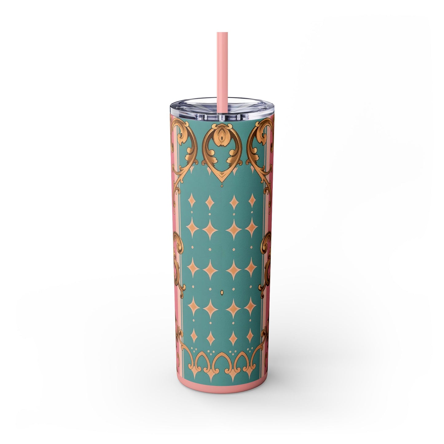Elegant Floral Skinny Tumbler, 20oz Travel Mug, Stylish Drinkware, Perfect Gift for Her, Vintage Inspired - Pink & Matte Turquoise Striped Rococo