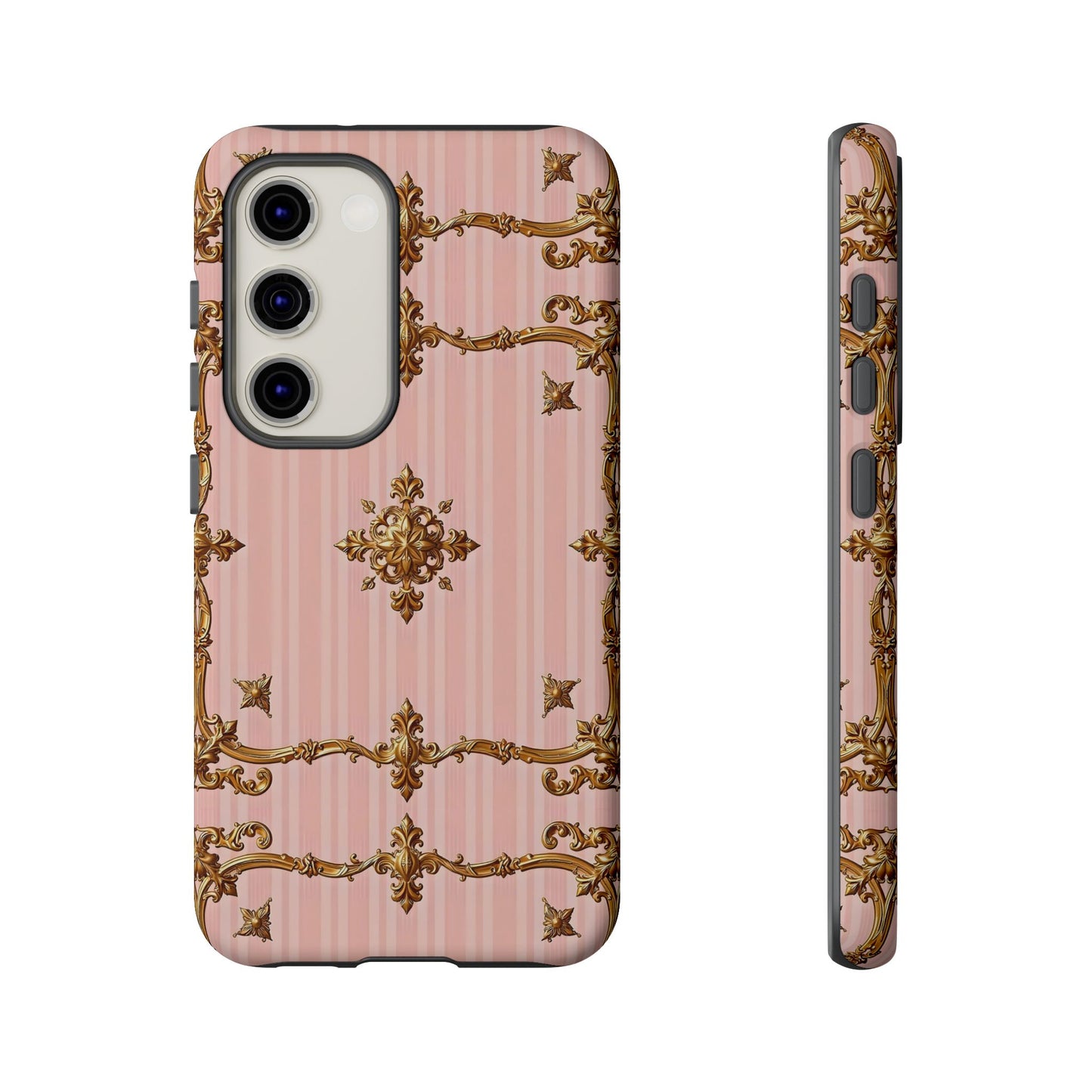 Elegant Floral Phone Case, Tough Cases for Women, Trendy Phone Cover, Chic Gift - Pink Striped Gold Baroque