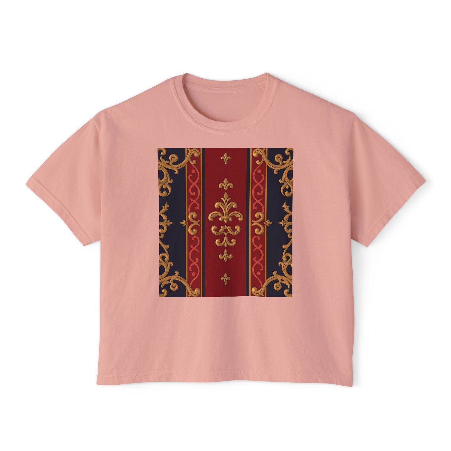 Elegant Floral Boxy Tee, Casual Women’s T-Shirt, Vintage Inspired Top, Everyday Fashion, Gift for Her - Midnight Blue & Dusk Red Gold Baroque